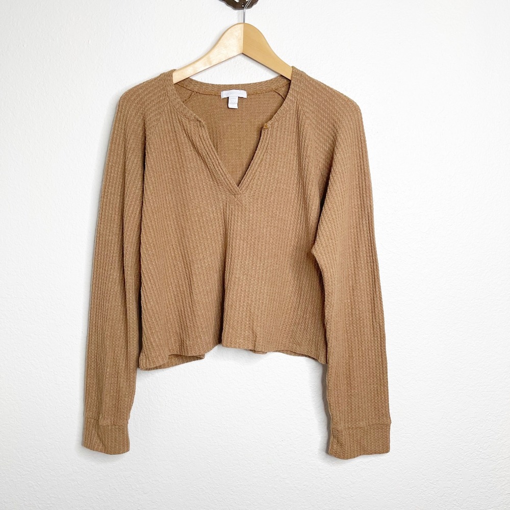 Beyond Yoga Waffle Knit Notched V-Neck Cropped Long Sleeve Top Brown Large